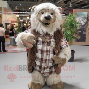 Beige Sloth Bear mascot costume character dressed with a Flannel Shirt and Necklaces