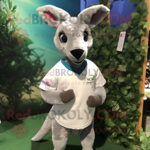 Silver Kangaroo mascot costume character dressed with a Rugby Shirt and Hair clips