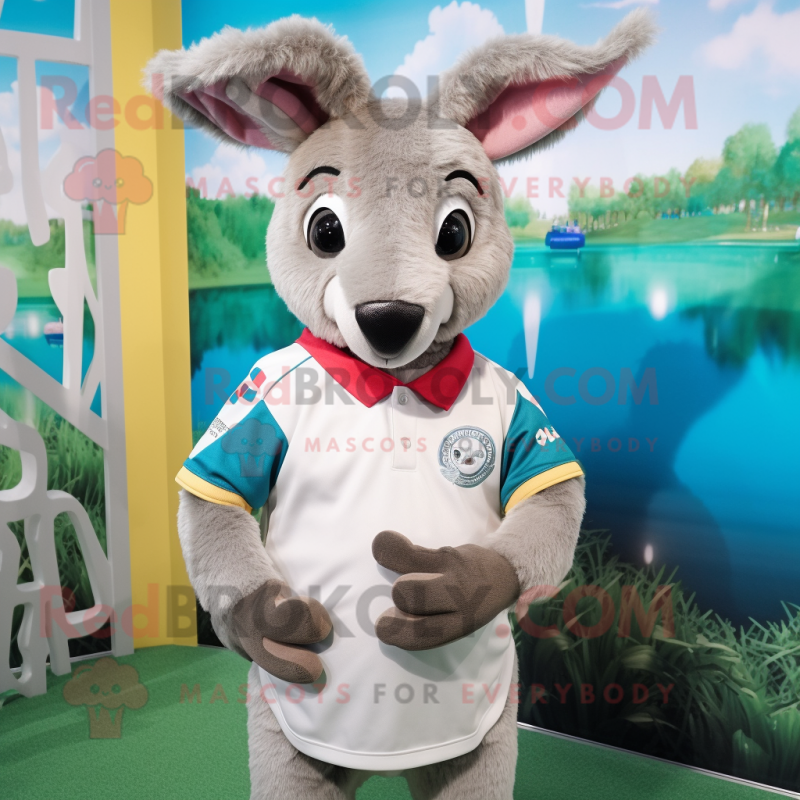 Silver Kangaroo mascot costume character dressed with a Rugby Shirt and Hair clips Silver Kangaroo mascot costume character dressed with a Rugby Shirt and Hair clips