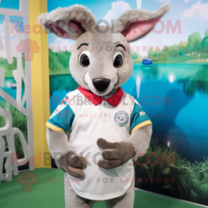 Silver Kangaroo mascot costume character dressed with a Rugby Shirt and Hair clips