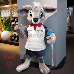 Silver Kangaroo mascot costume character dressed with a Rugby Shirt and Hair clips