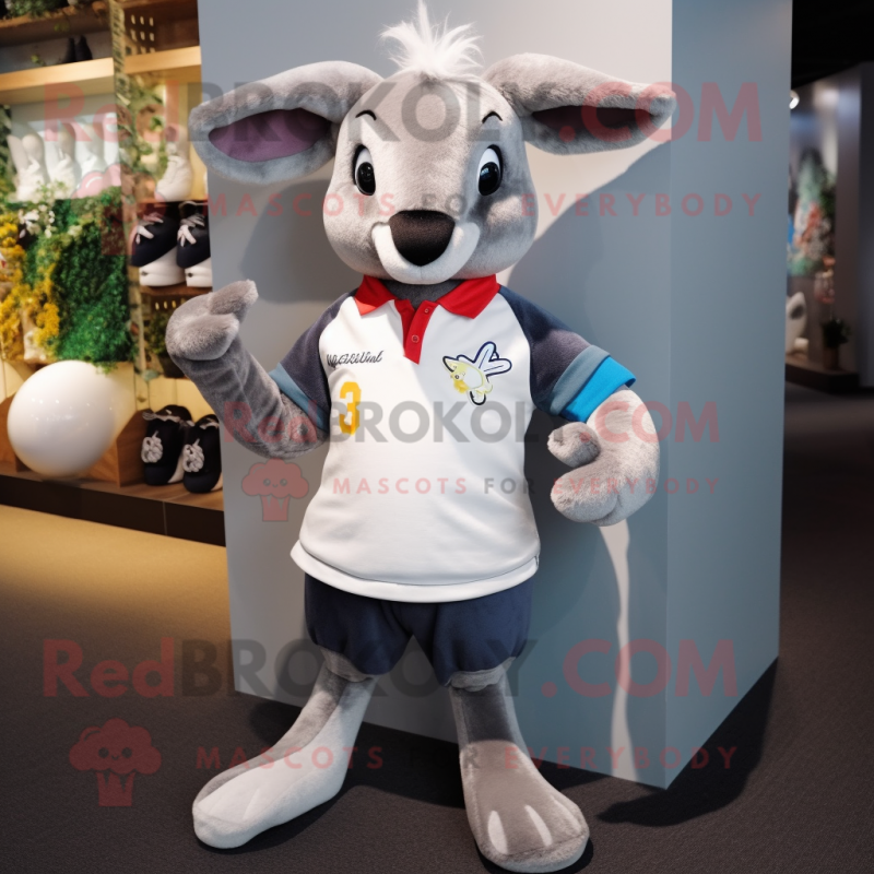 Silver Kangaroo mascot costume character dressed with a Rugby Shirt and Hair clips Silver Kangaroo mascot costume character dressed with a Rugby Shirt and Hair clips