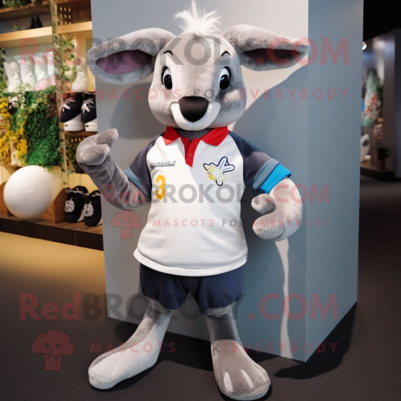 Silver Kangaroo mascot costume character dressed with a Rugby Shirt and Hair clips