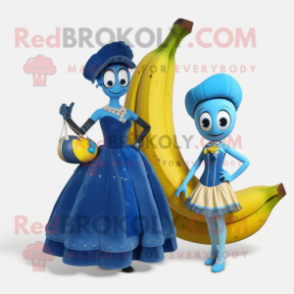 Blue Banana mascot costume character dressed with a Ball Gown and Handbags