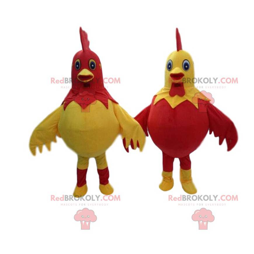 2 costumi di galli giganti e colorati, mascotte della fattoria