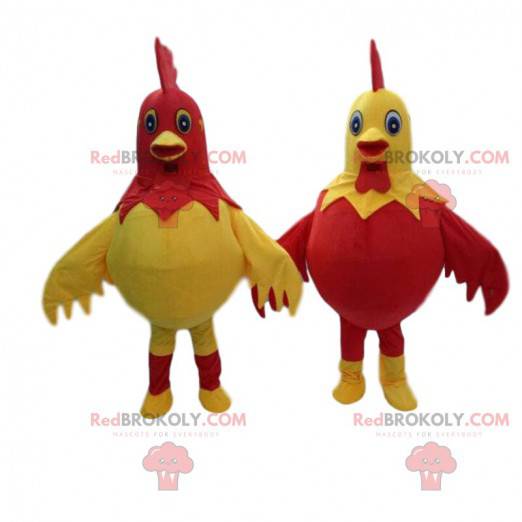 2 giant and colorful roosters costumes, farm mascots -