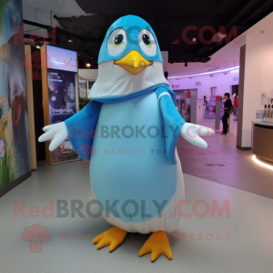 Sky Blue Penguin mascot costume character dressed with a Dress and Brooches