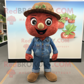 Brown Strawberry mascot costume character dressed with a Denim Shirt and Beanies