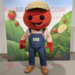 Brown Strawberry mascot costume character dressed with a Denim Shirt and Beanies