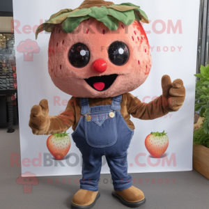 Personaje de traje de mascota Brown Strawberry vestido con una camisa de mezclilla y gorros