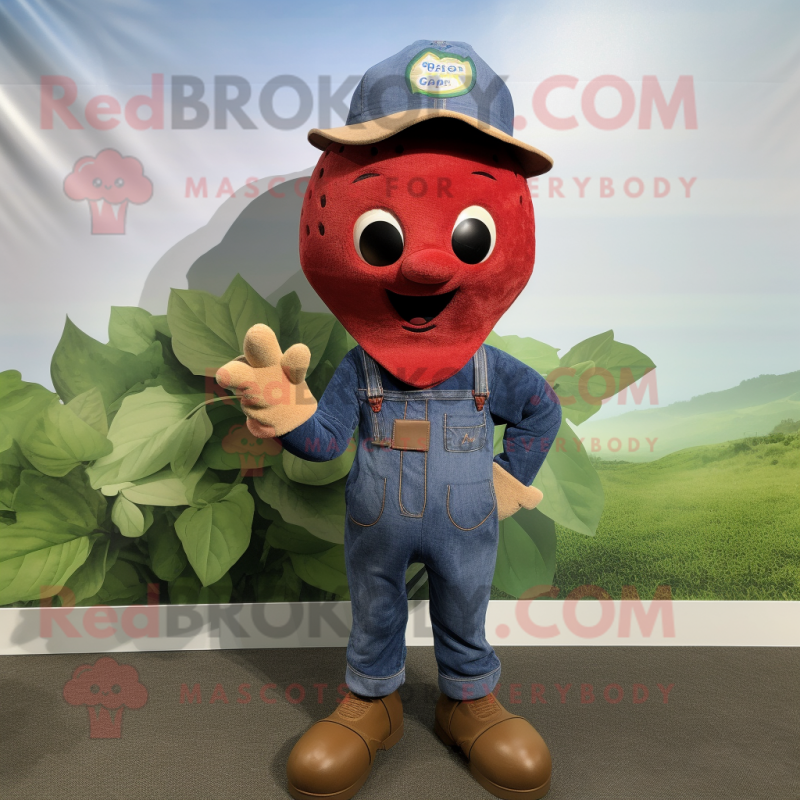 Brown Strawberry mascot costume character dressed with a Denim Shirt and Beanies