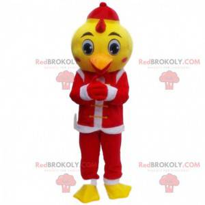 Mascotte canarino vestito con un abito di Babbo Natale, costume