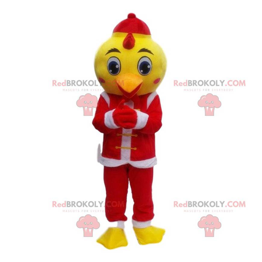 Kanárský maskot oblečený v kostýmu Santa Clause, vánoční kostým