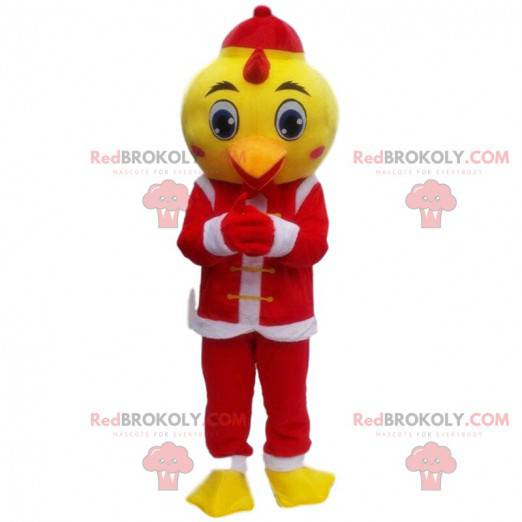 Mascote canário vestido com roupa de Papai Noel, fantasia de