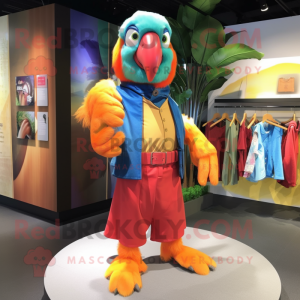 Orange Macaw mascot costume character dressed with a Culottes and Wallets