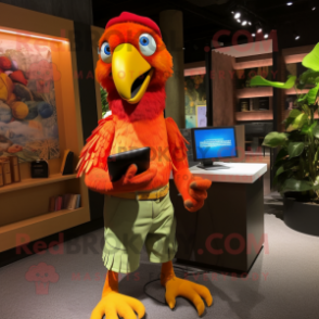 Orange Macaw mascot costume character dressed with a Culottes and Wallets