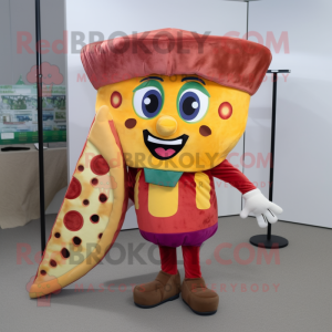 nan Pizza Slice mascot costume character dressed with a Corduroy Pants and Clutch bags