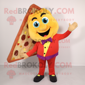 nan Pizza Slice mascot costume character dressed with a Corduroy Pants and Clutch bags