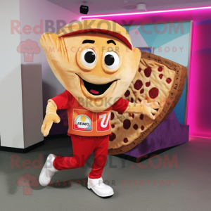 nan Pizza Slice mascot costume character dressed with a Corduroy Pants and Clutch bags