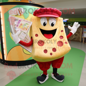 nan Pizza Slice mascot costume character dressed with a Corduroy Pants and Clutch bags