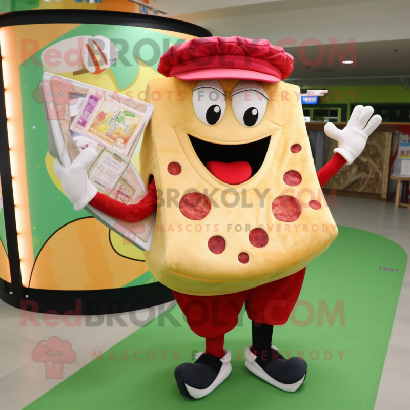 nan Pizza Slice mascot costume character dressed with a Corduroy Pants and Clutch bags nan Pizza Slice mascot costume character dressed with a Corduroy Pants and Clutch bags