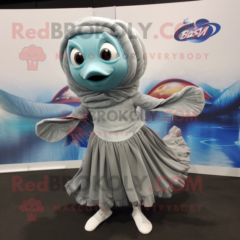 Silver Betta Fish mascot costume character dressed with a Circle Skirt and Scarf clips