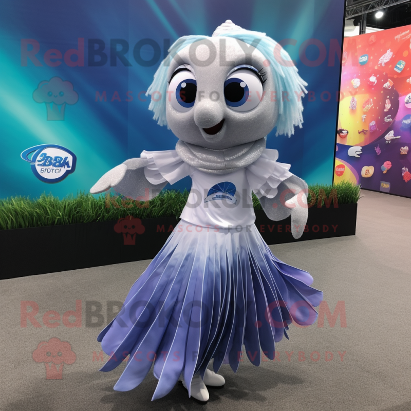 Silver Betta Fish mascot costume character dressed with a Circle Skirt and Scarf clips Silver Betta Fish mascot costume character dressed with a Circle Skirt and Scarf clips