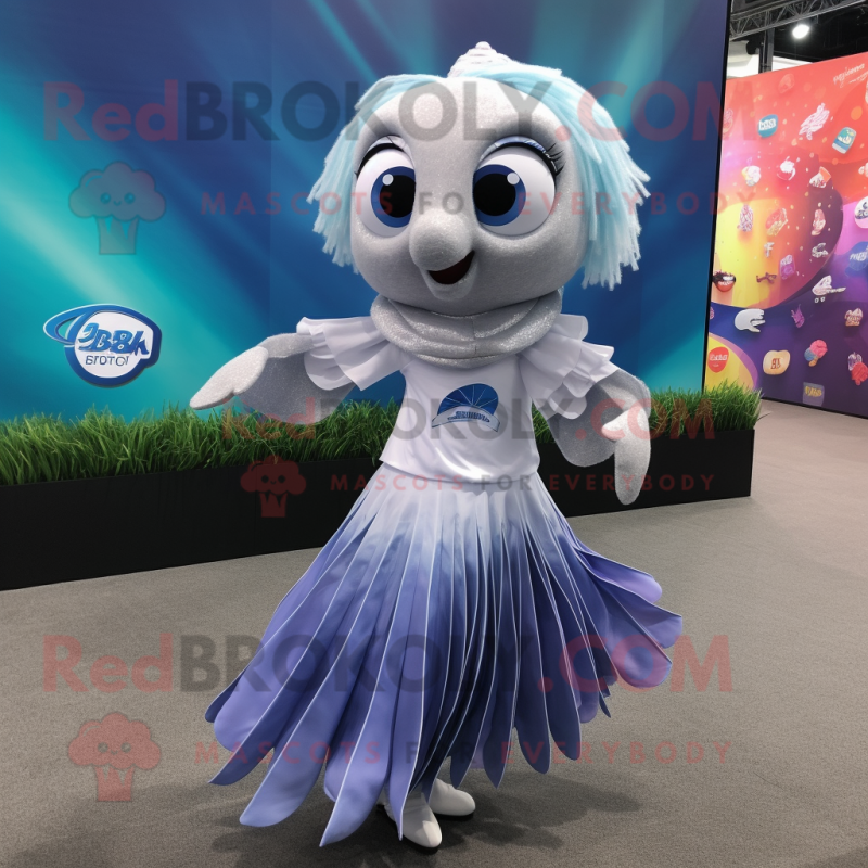 Silver Betta Fish mascot costume character dressed with a Circle Skirt and Scarf clips