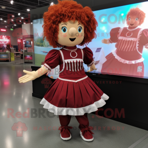 Maroon Irish Dancer mascot costume character dressed with a Romper and Hairpins
