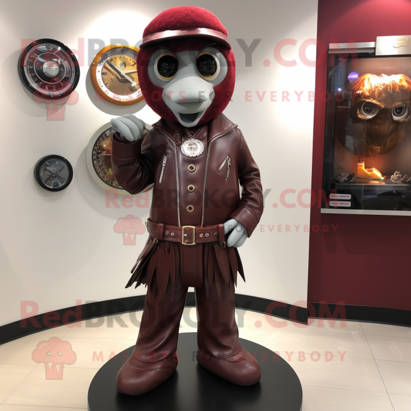 Maroon Plate Spinner mascot costume character dressed with a Leather Jacket and Handbags