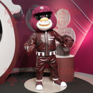 Maroon Plate Spinner mascot costume character dressed with a Leather Jacket and Handbags