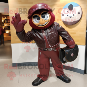 Maroon Plate Spinner mascot costume character dressed with a Leather Jacket and Handbags