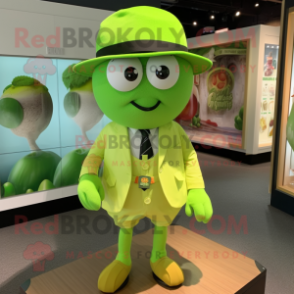 Lime Green Plum mascot costume character dressed with a Poplin Shirt and Hat pins