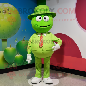 Lime Green Plum mascot costume character dressed with a Poplin Shirt and Hat pins