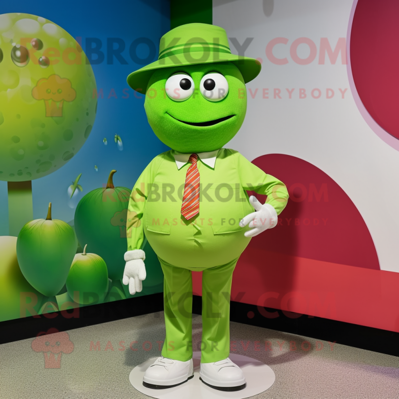 Lime Green Plum mascot costume character dressed with a Poplin Shirt and Hat pins Lime Green Plum mascot costume character dressed with a Poplin Shirt and Hat pins
