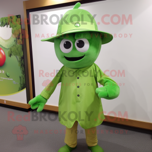 Lime Green Plum mascot costume character dressed with a Poplin Shirt and Hat pins