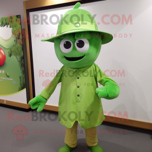 Personaje de disfraz de mascota Lime Green Plum vestido con una camisa de popelina y alfileres de sombrero