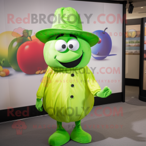 Personaje de disfraz de mascota Lime Green Plum vestido con una camisa de popelina y alfileres de sombrero