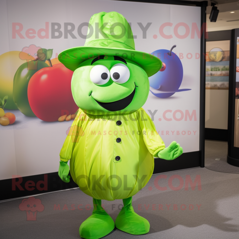 Lime Green Plum mascot costume character dressed with a Poplin Shirt and Hat pins