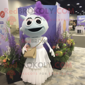 Lavender Pho mascot costume character dressed with a Wedding Dress and Backpacks