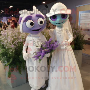 Lavender Pho mascot costume character dressed with a Wedding Dress and Backpacks