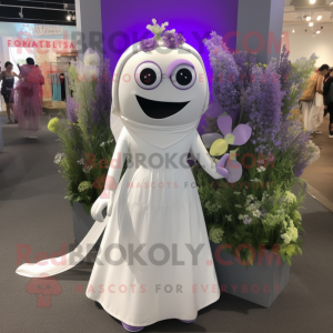 Lavender Pho mascot costume character dressed with a Wedding Dress and Backpacks