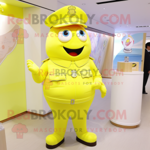 Lemon Yellow Police Officer mascot costume character dressed with a Capri Pants and Cummerbunds