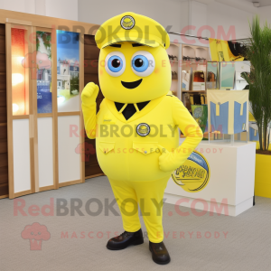 Lemon Yellow Police Officer mascot costume character dressed with a Capri Pants and Cummerbunds