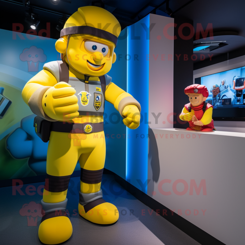 Yellow Sniper mascot costume character dressed with a Rugby Shirt and Watches Yellow Sniper mascot costume character dressed with a Rugby Shirt and Watches