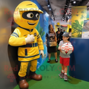 Yellow Sniper mascot costume character dressed with a Rugby Shirt and Watches