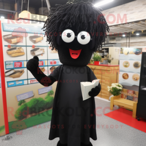 Black Pesto Pasta mascot costume character dressed with a Cardigan and Reading glasses