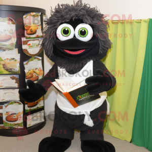 Black Pesto Pasta mascot costume character dressed with a Cardigan and Reading glasses