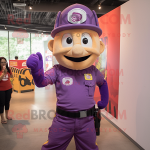 Purple Fire Fighter mascot costume character dressed with a Tank Top and Headbands