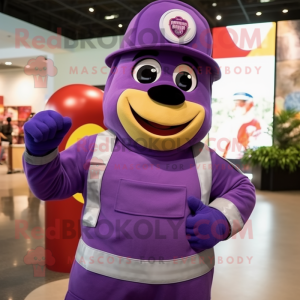 Purple Fire Fighter mascot costume character dressed with a Tank Top and Headbands